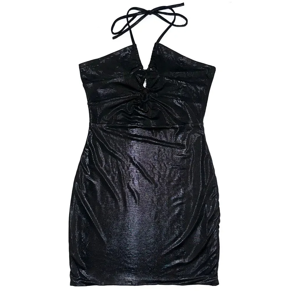 Princess Polly Black Shine Snake Texture Halter Bodycon Mini Dress Size 4